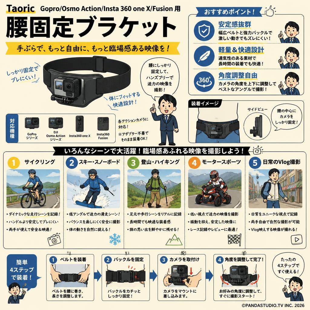 Taoric Gopro/Osmo Action/Insta 360 one X/Fusion 用 腰固定ブラケット 用途