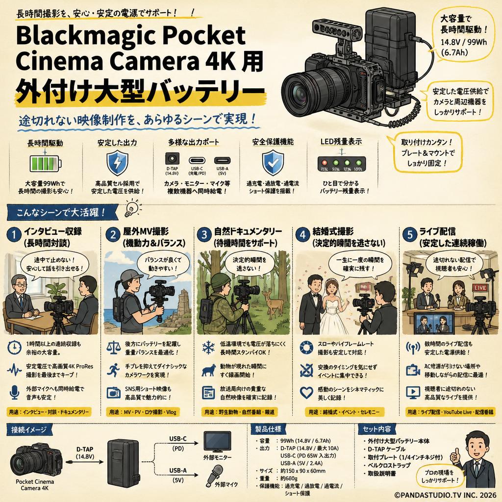 Blackmagic Pocket Cinema Camera 4K 用 外付け大型バッテリー 用途