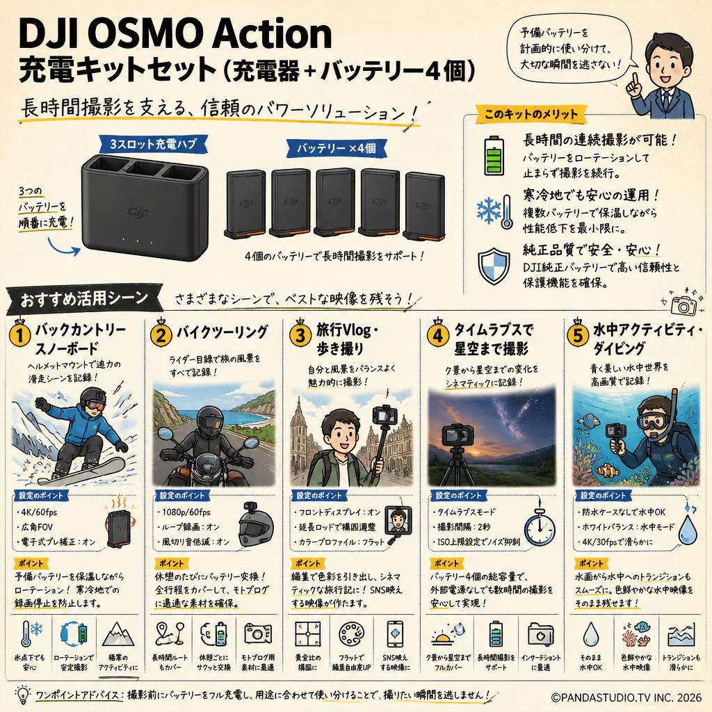 DJI OSMO Action 充電キットセット（充電器 + バッテリー4個） 用途