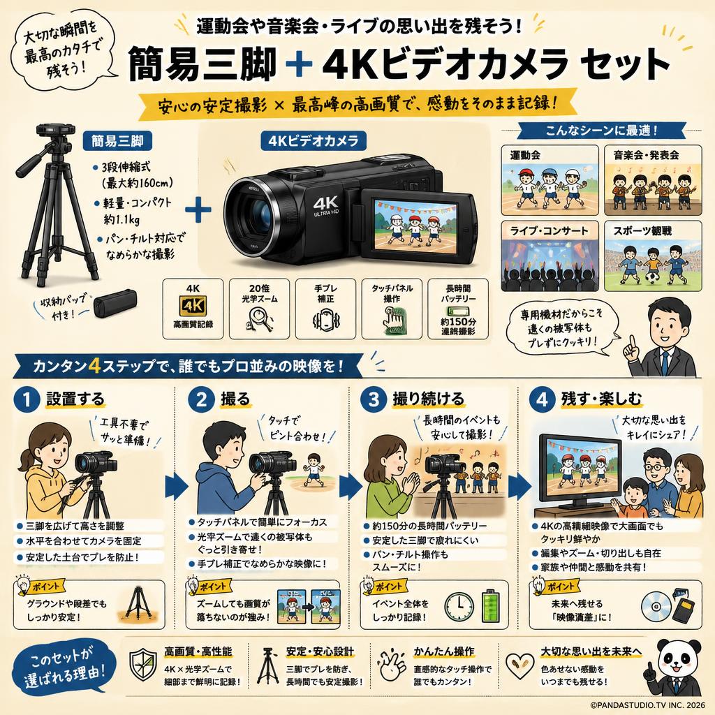 運動会や音楽会・ライブの思い出を残そう！ 簡易三脚 + 4Kビデオカメラ セット 概要