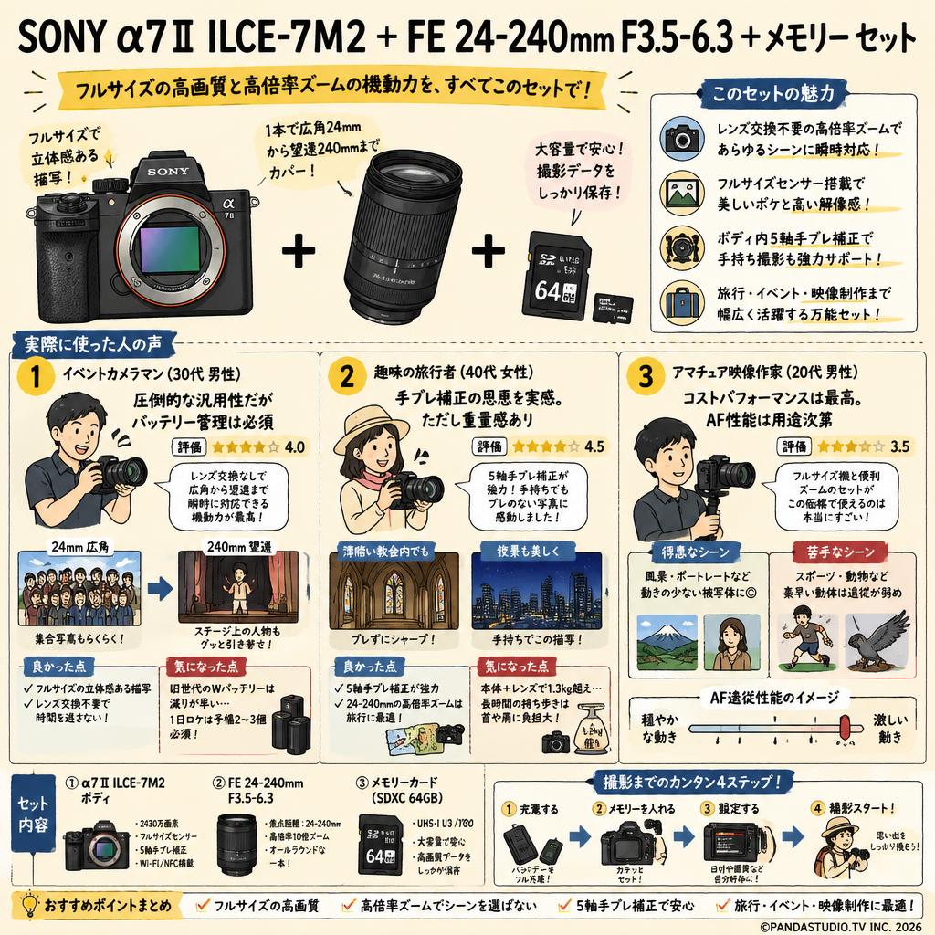SONY α7 II ILCE-7M2 ＋ FE 24-240mm F3.5-6.3  ＋ メモリー セット インターネット上のお客様の声（評判）