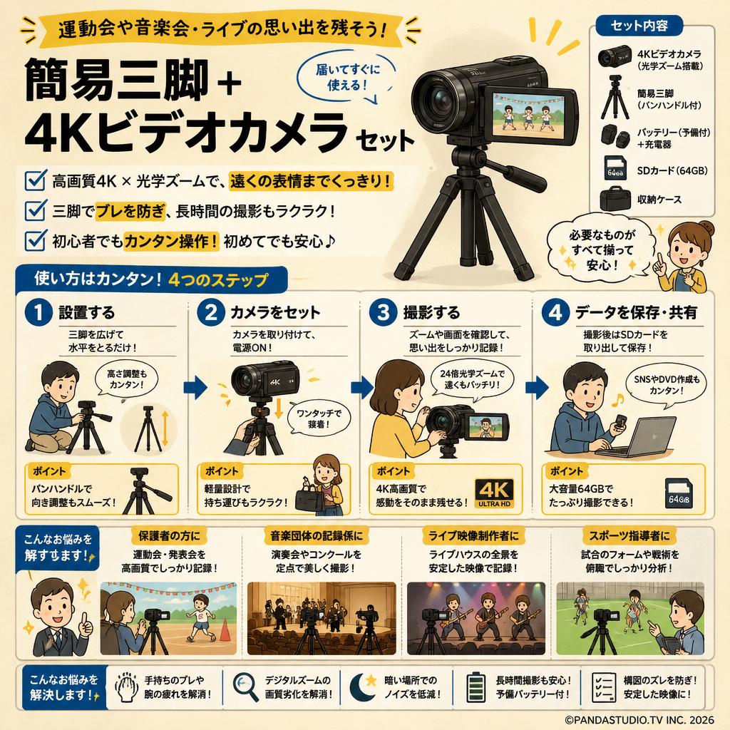運動会や音楽会・ライブの思い出を残そう！ 簡易三脚 + 4Kビデオカメラ セット おもな対象のお客様