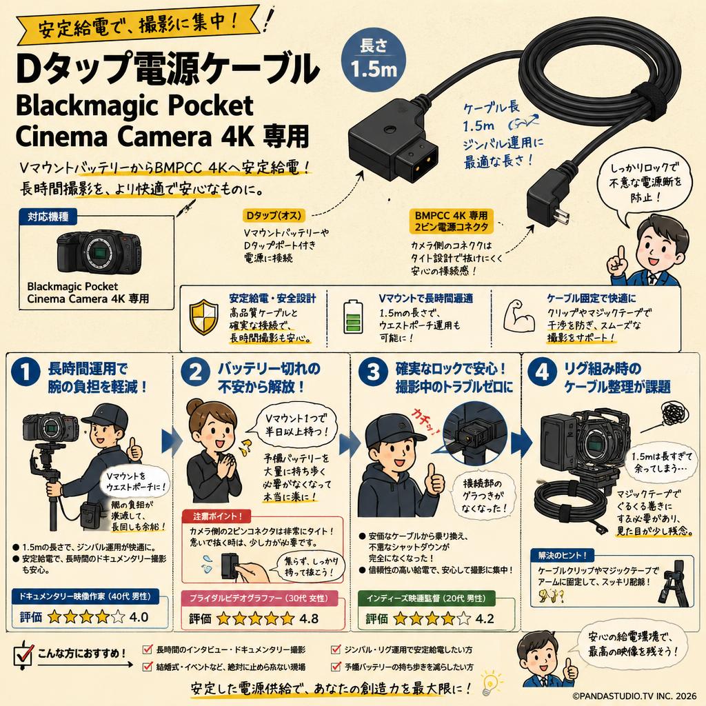 Dタップ電源ケーブル Blackmagic Pocket Cinema Camera 4K 専用　1.5m インターネット上のお客様の声（評判）