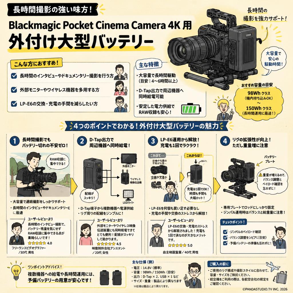 Blackmagic Pocket Cinema Camera 4K 用 外付け大型バッテリー インターネット上のお客様の声（評判）