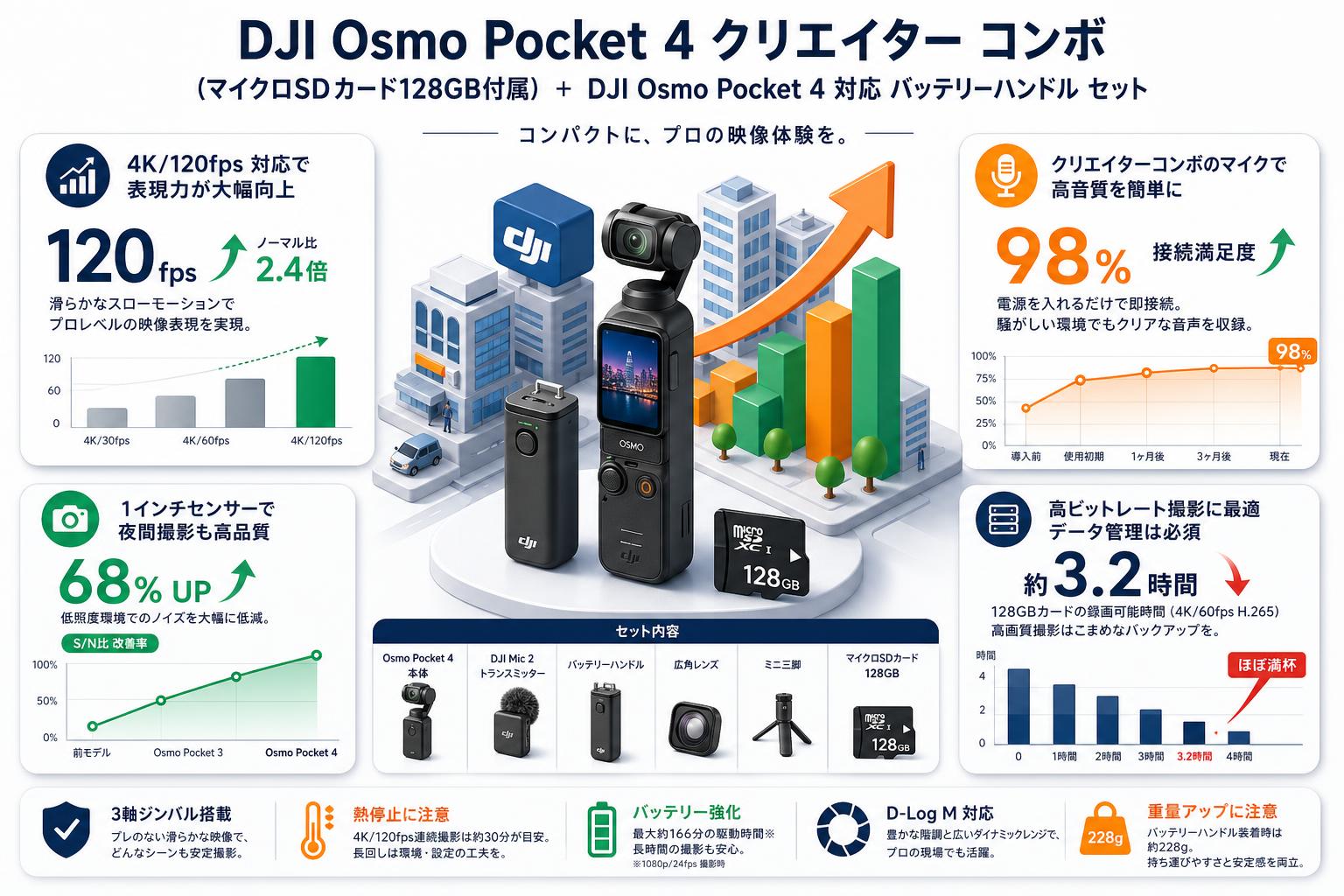 DJI Osmo Pocket 4 クリエイター コンボ (マイクロSDカード128GB付属) + DJI Osmo Pocket 4 対応 バッテリーハンドル セット インターネット上のお客様の声（評判）