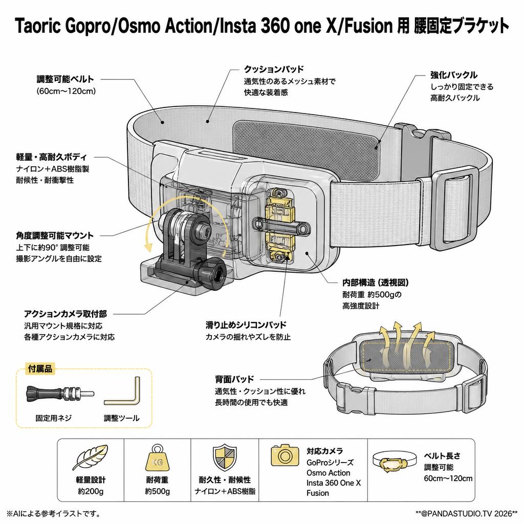 Taoric Gopro/Osmo Action/Insta 360 one X/Fusion 用 腰固定ブラケット スペック