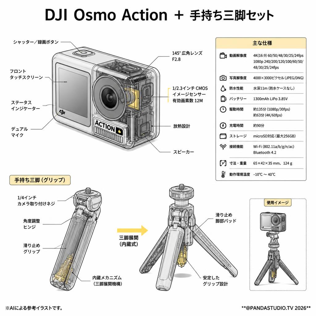 DJI  Osmo Action ＋ 手持ち三脚セット スペック