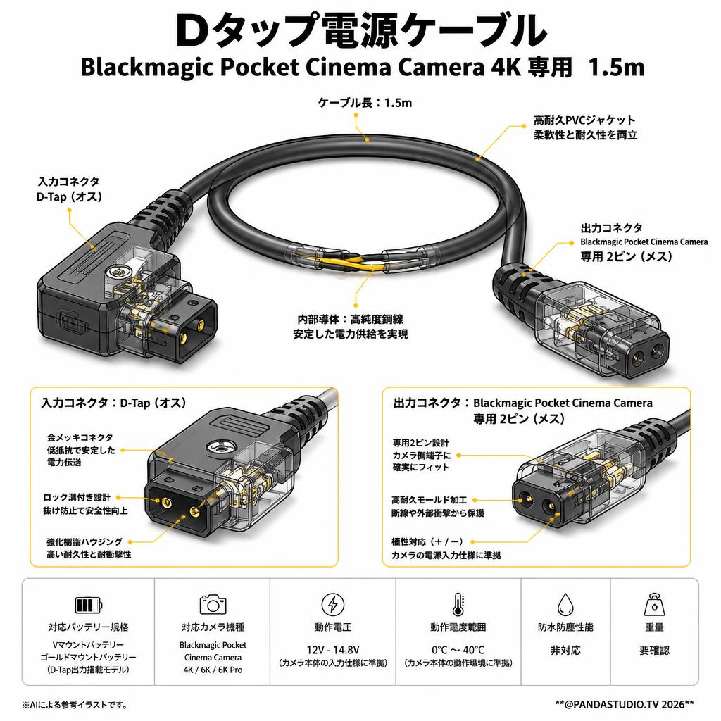Dタップ電源ケーブル Blackmagic Pocket Cinema Camera 4K 専用　1.5m スペック