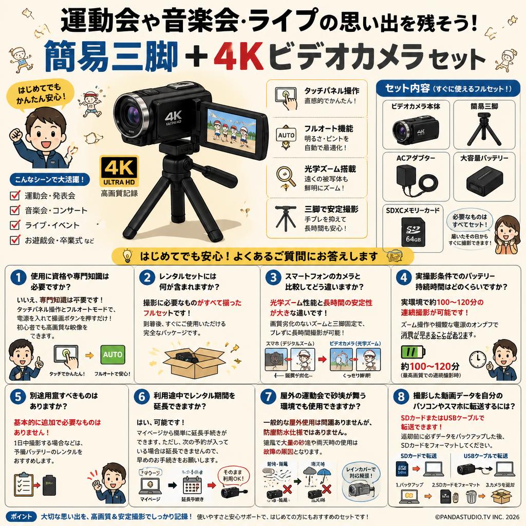 運動会や音楽会・ライブの思い出を残そう！ 簡易三脚 + 4Kビデオカメラ セット FAQ（よくある質問と答え）