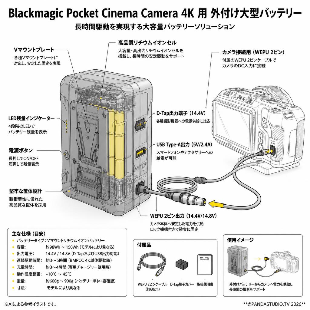 Blackmagic Pocket Cinema Camera 4K 用 外付け大型バッテリー スペック