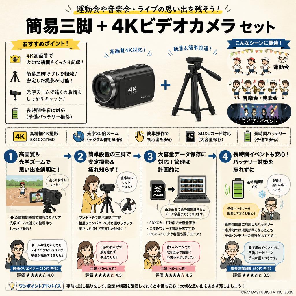 運動会や音楽会・ライブの思い出を残そう！ 簡易三脚 + 4Kビデオカメラ セット インターネット上のお客様の声（評判）