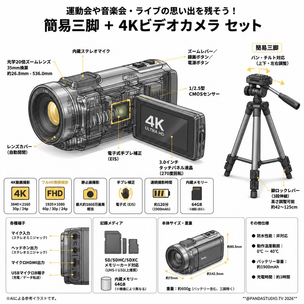 運動会や音楽会・ライブの思い出を残そう！ 簡易三脚 + 4Kビデオカメラ セット スペック