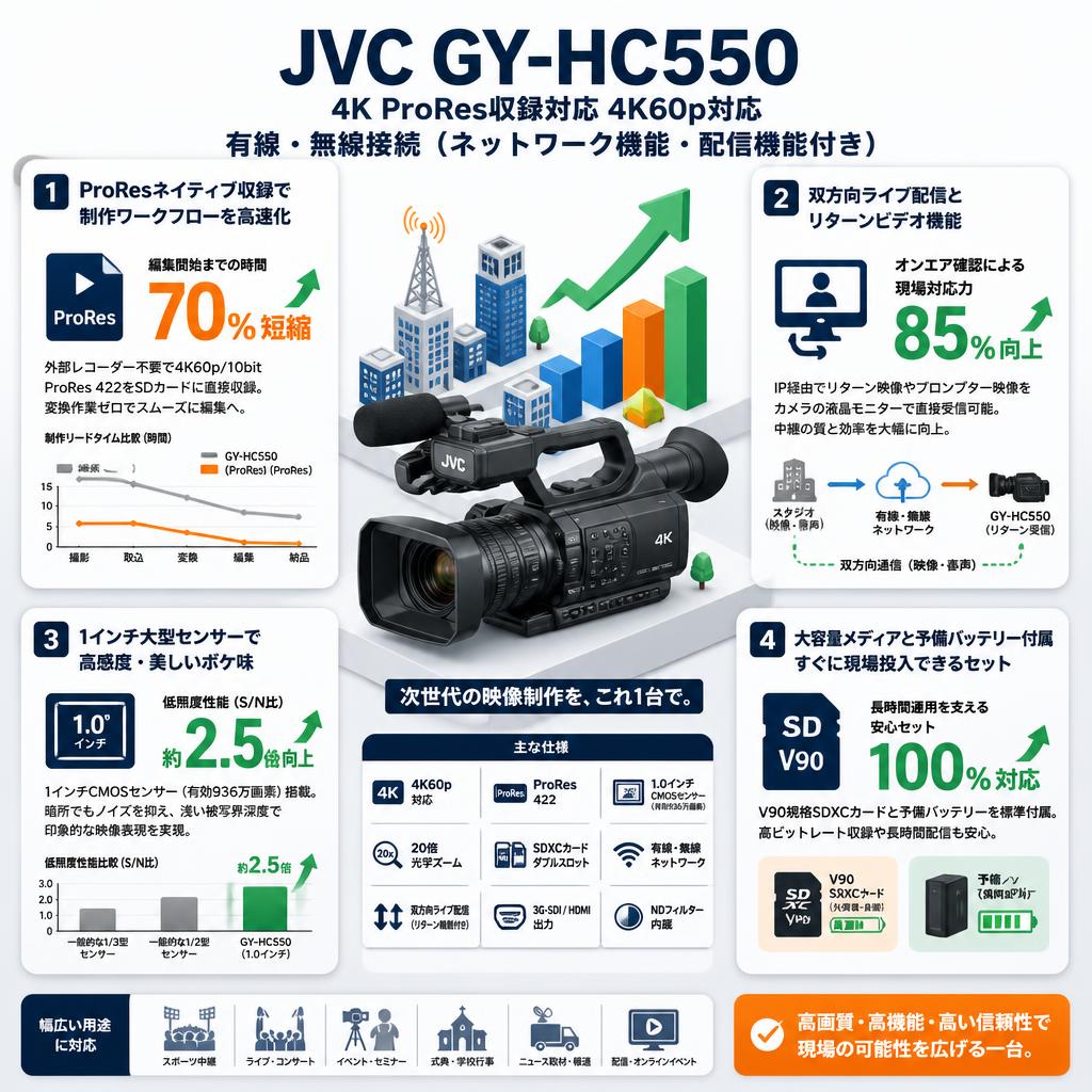JVC GY-HC550 4K ProRes収録対応 4K60p対応 有線・無線接続（ネットワーク機能・配信機能付き） セールスポイント