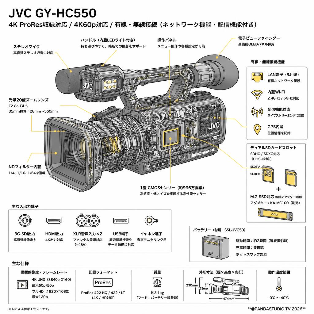 JVC GY-HC550 4K ProRes収録対応 4K60p対応 有線・無線接続（ネットワーク機能・配信機能付き） スペック