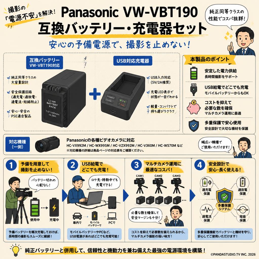 Panasonic  VW-VBT190互換バッテリー・充電器セット 概要