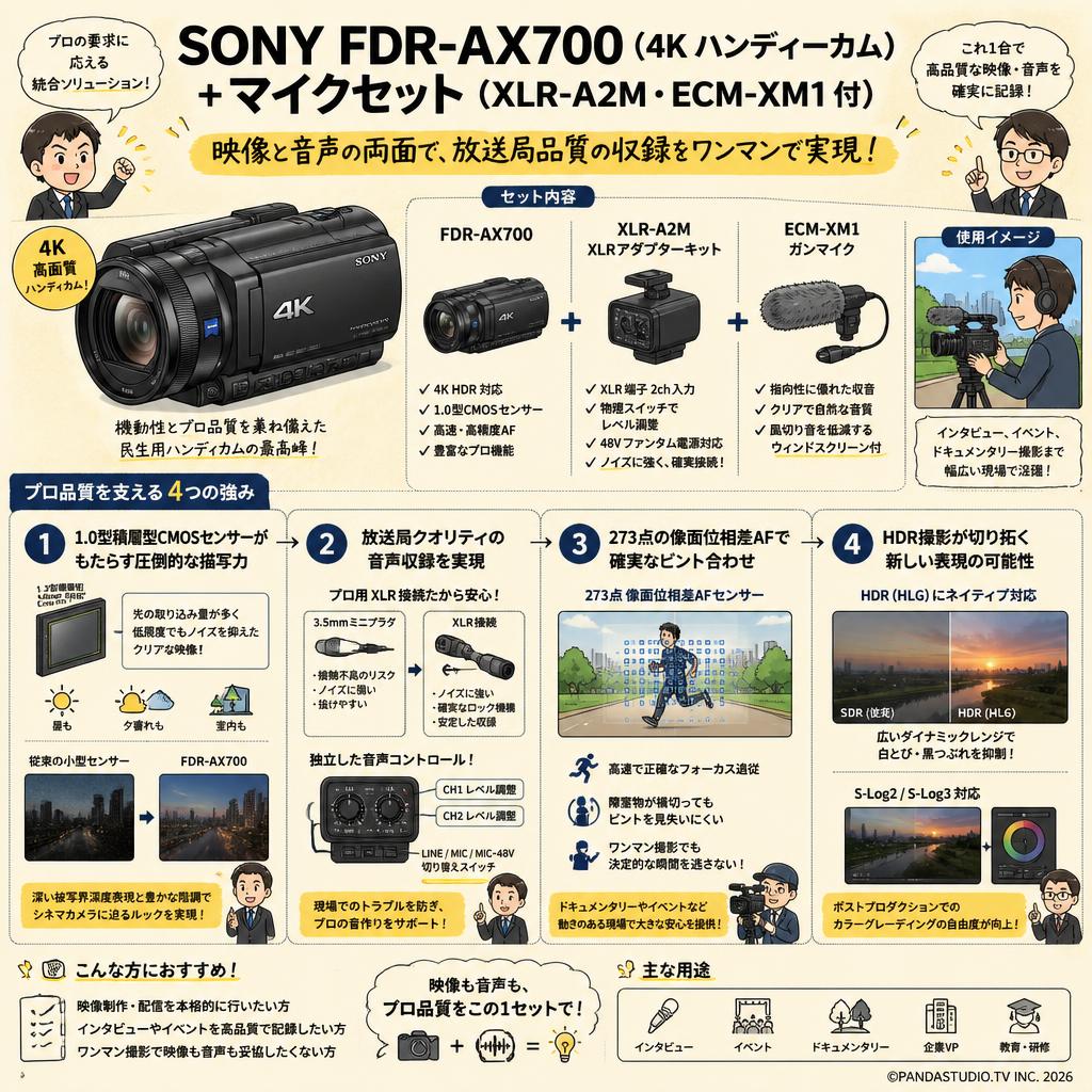 SONY  FDR-AX700  (4K ハンディーカム) ＋ マイクセット（XLR-A2M・ ECM-XM1 付） 概要