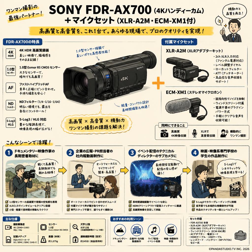 SONY  FDR-AX700  (4K ハンディーカム) ＋ マイクセット（XLR-A2M・ ECM-XM1 付） おもな対象のお客様