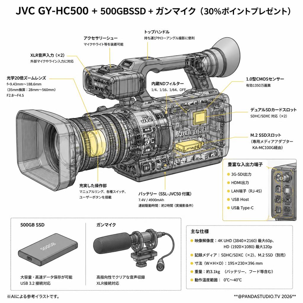 JVC GY-HC500 + 500GBSSD + ガンマイク（30％ポイントプレゼント） スペック