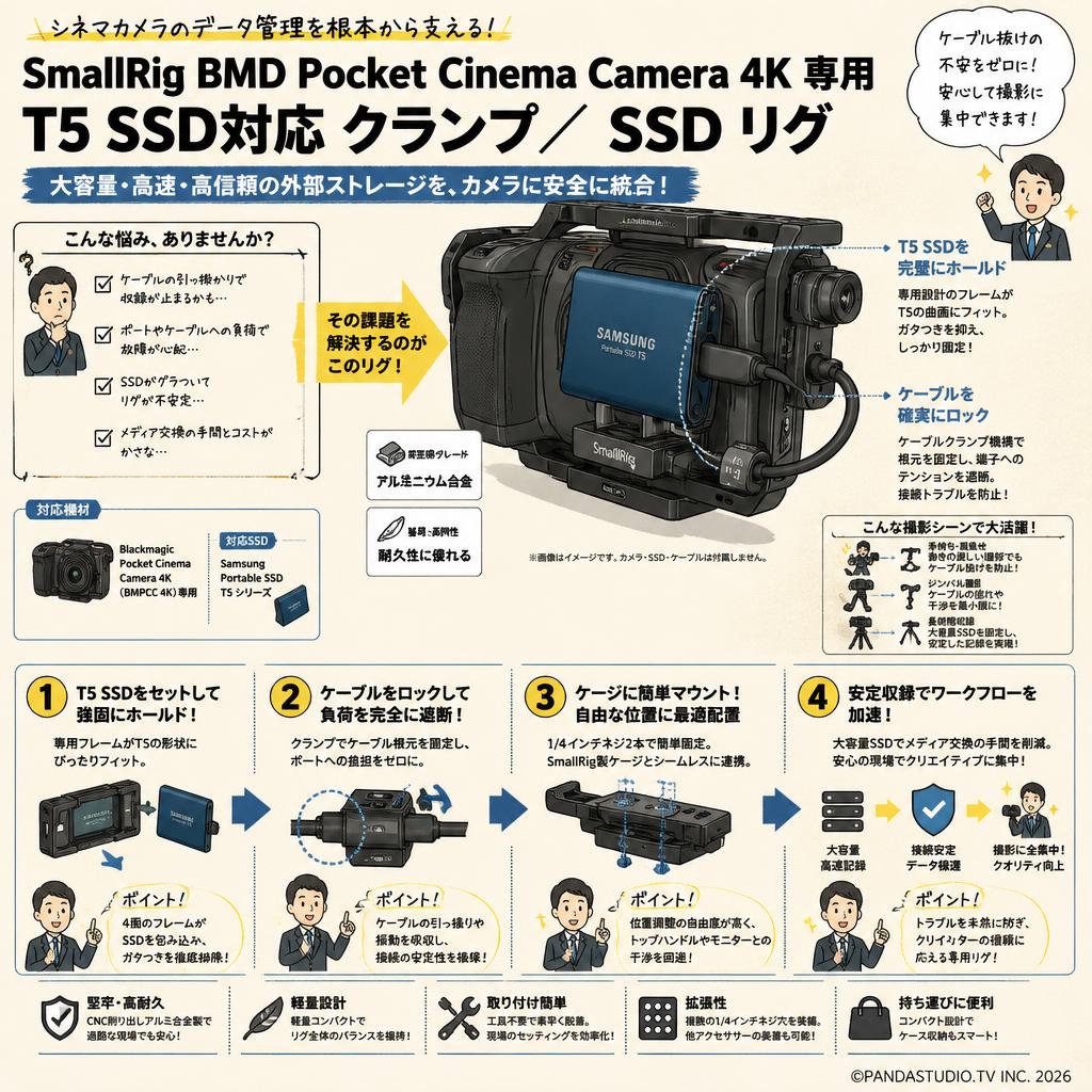 SmallRig BMD Pocket Cinema Camera 4K 専用 T5 SSD対応 クランプ／SSD リグ 概要