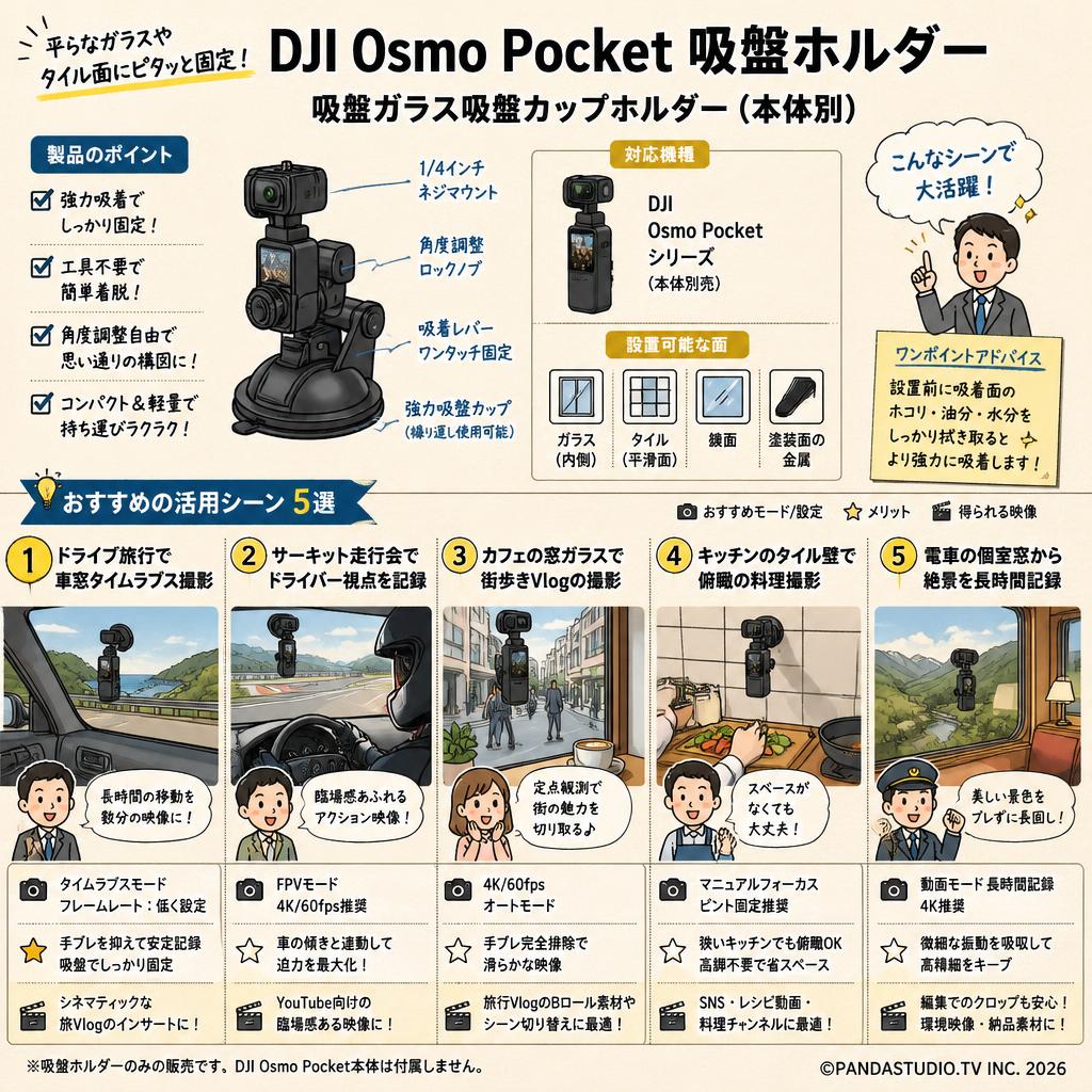 DJI Osmo Pocket 吸盤ホルダー 吸盤ガラス吸盤カップホルダー（本体別） 用途