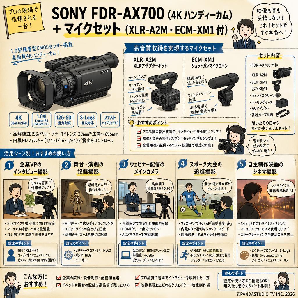 SONY  FDR-AX700  (4K ハンディーカム) ＋ マイクセット（XLR-A2M・ ECM-XM1 付） 用途