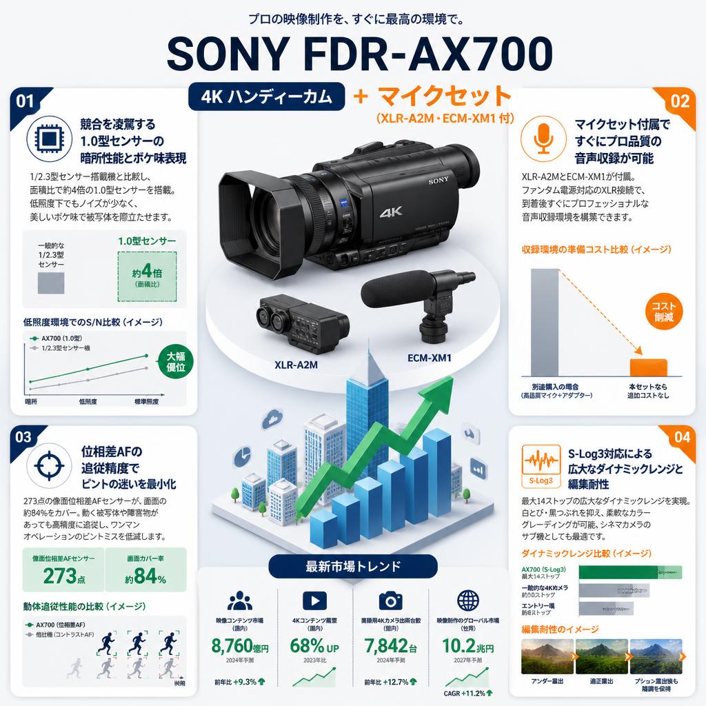 SONY  FDR-AX700  (4K ハンディーカム) ＋ マイクセット（XLR-A2M・ ECM-XM1 付） セールスポイント