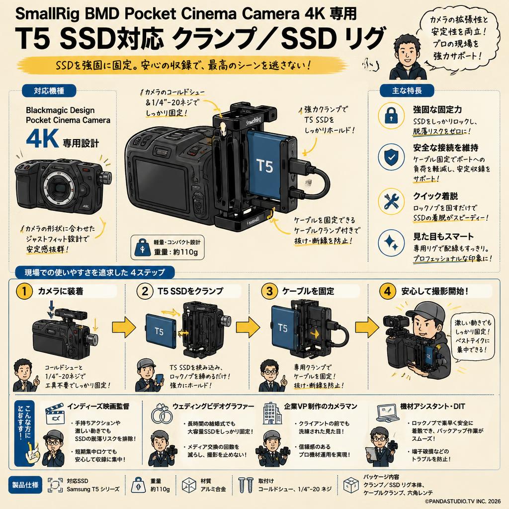 SmallRig BMD Pocket Cinema Camera 4K 専用 T5 SSD対応 クランプ／SSD リグ おもな対象のお客様