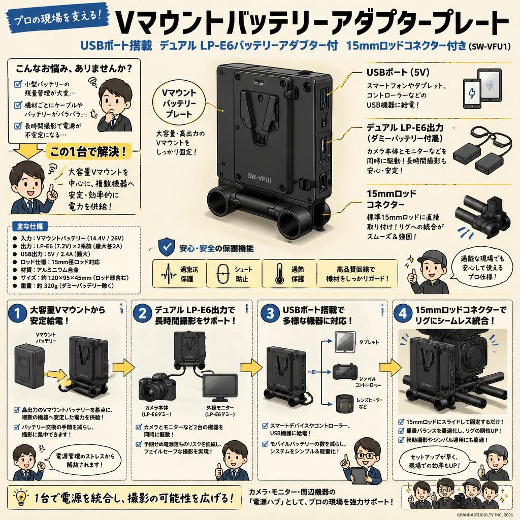 Vマウントバッテリーアダプタープレート USBポート搭載  デュアル LP-E6バッテリーアダプター付 15mmロッドコネクター付き(SW-VFU1) 概要