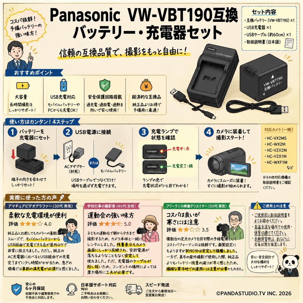Panasonic  VW-VBT190互換バッテリー・充電器セット インターネット上のお客様の声（評判）