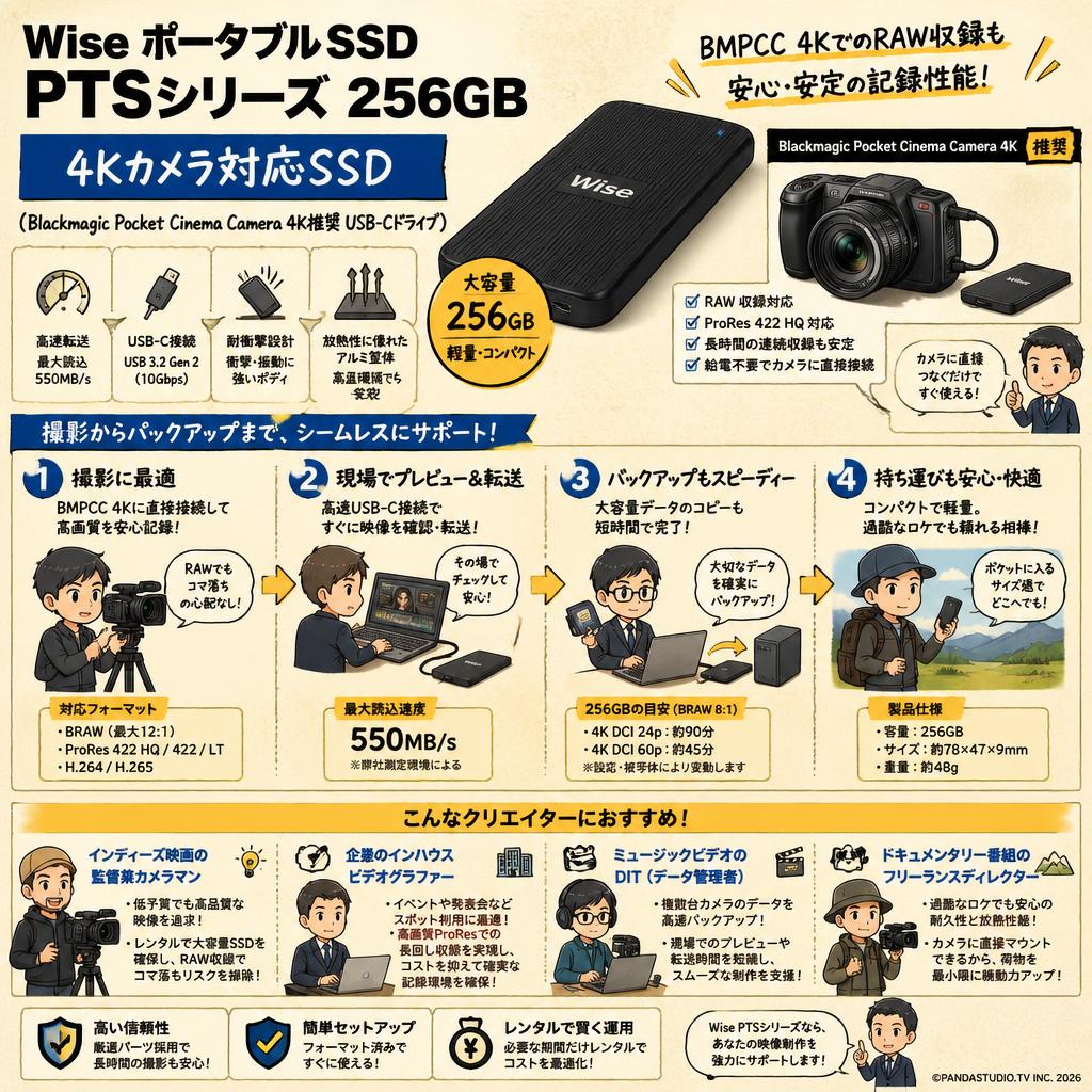 Wise ポータブルSSD PTSシリーズ 256GB 4Kカメラ対応SSD （Blackmagic Pocket Cinema Camera 4K推奨 USB-Cドライブ） おもな対象のお客様