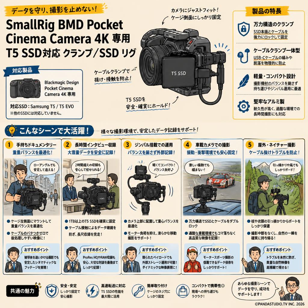 SmallRig BMD Pocket Cinema Camera 4K 専用 T5 SSD対応 クランプ／SSD リグ 用途