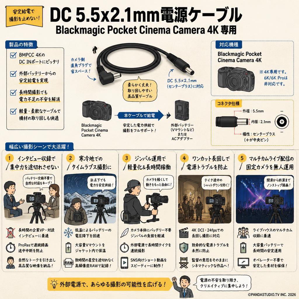 DC 5.5x2.1mm電源ケーブル Blackmagic Pocket Cinema Camera 4K 専用 用途