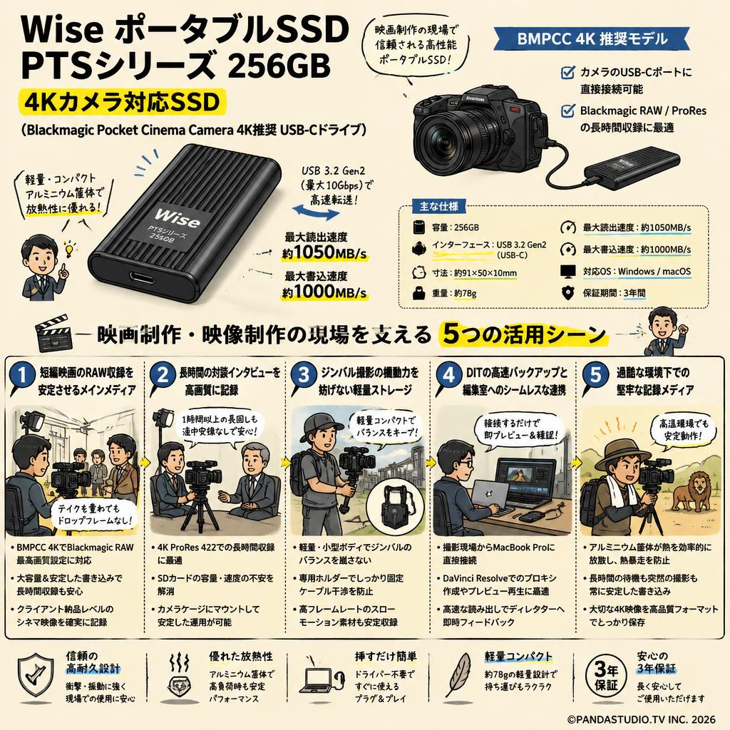 Wise ポータブルSSD PTSシリーズ 256GB 4Kカメラ対応SSD （Blackmagic Pocket Cinema Camera 4K推奨 USB-Cドライブ） 用途