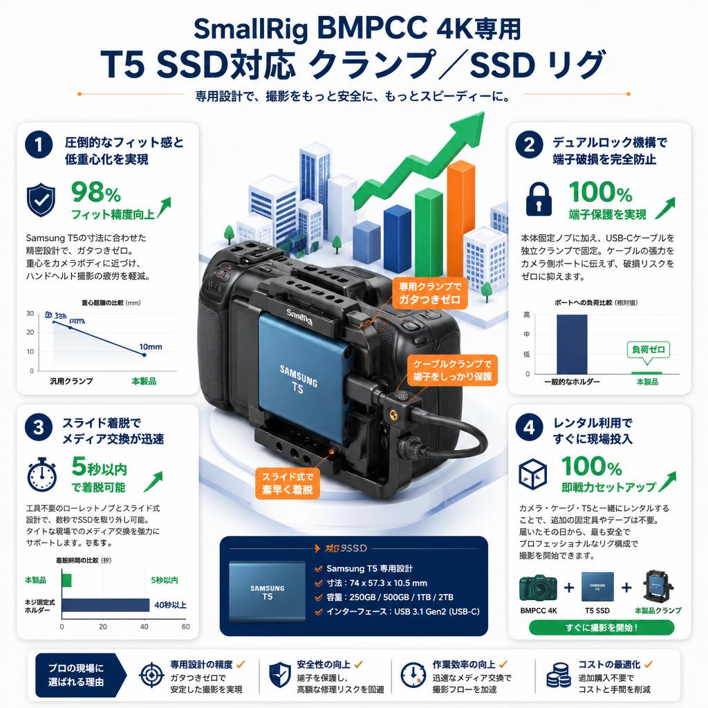 SmallRig BMD Pocket Cinema Camera 4K 専用 T5 SSD対応 クランプ／SSD リグ セールスポイント