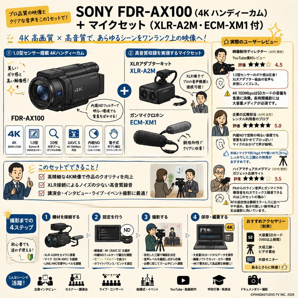 SONY FDR-AX100 (4K ハンディーカム) ＋ マイクセット（XLR-A2M・ECM-XM1 付） インターネット上のお客様の声（評判）