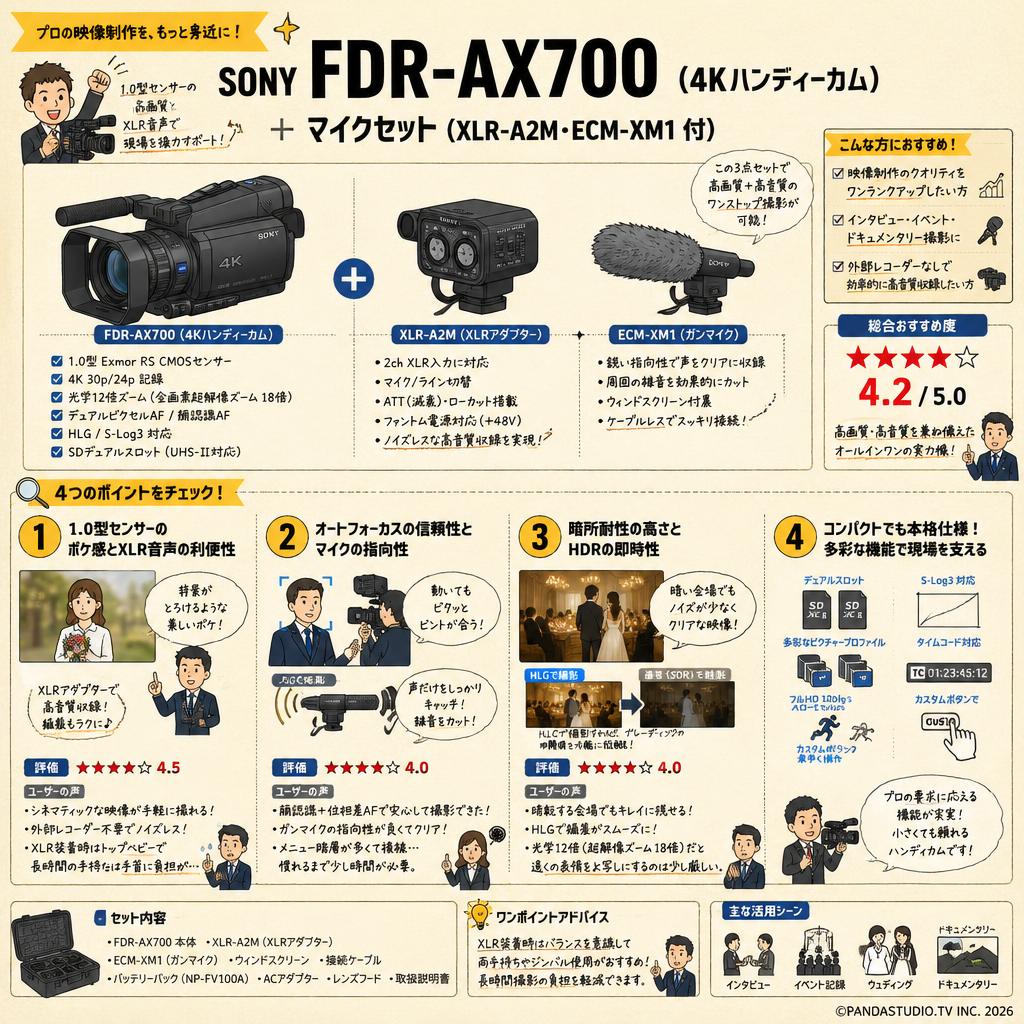 SONY  FDR-AX700  (4K ハンディーカム) ＋ マイクセット（XLR-A2M・ ECM-XM1 付） インターネット上のお客様の声（評判）