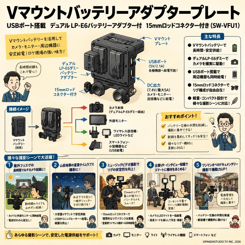 Vマウントバッテリーアダプタープレート USBポート搭載  デュアル LP-E6バッテリーアダプター付 15mmロッドコネクター付き(SW-VFU1) 用途