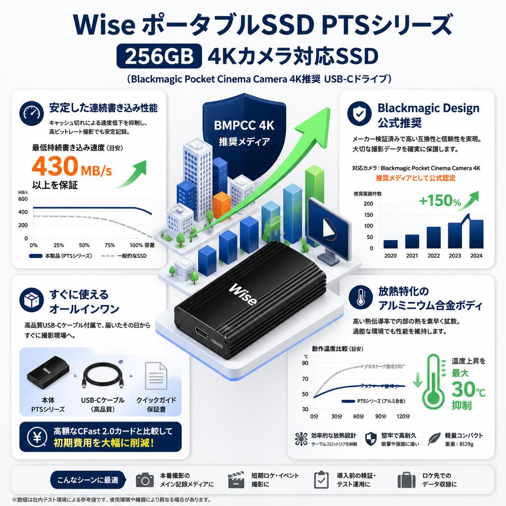 Wise ポータブルSSD PTSシリーズ 256GB 4Kカメラ対応SSD （Blackmagic Pocket Cinema Camera 4K推奨 USB-Cドライブ） セールスポイント