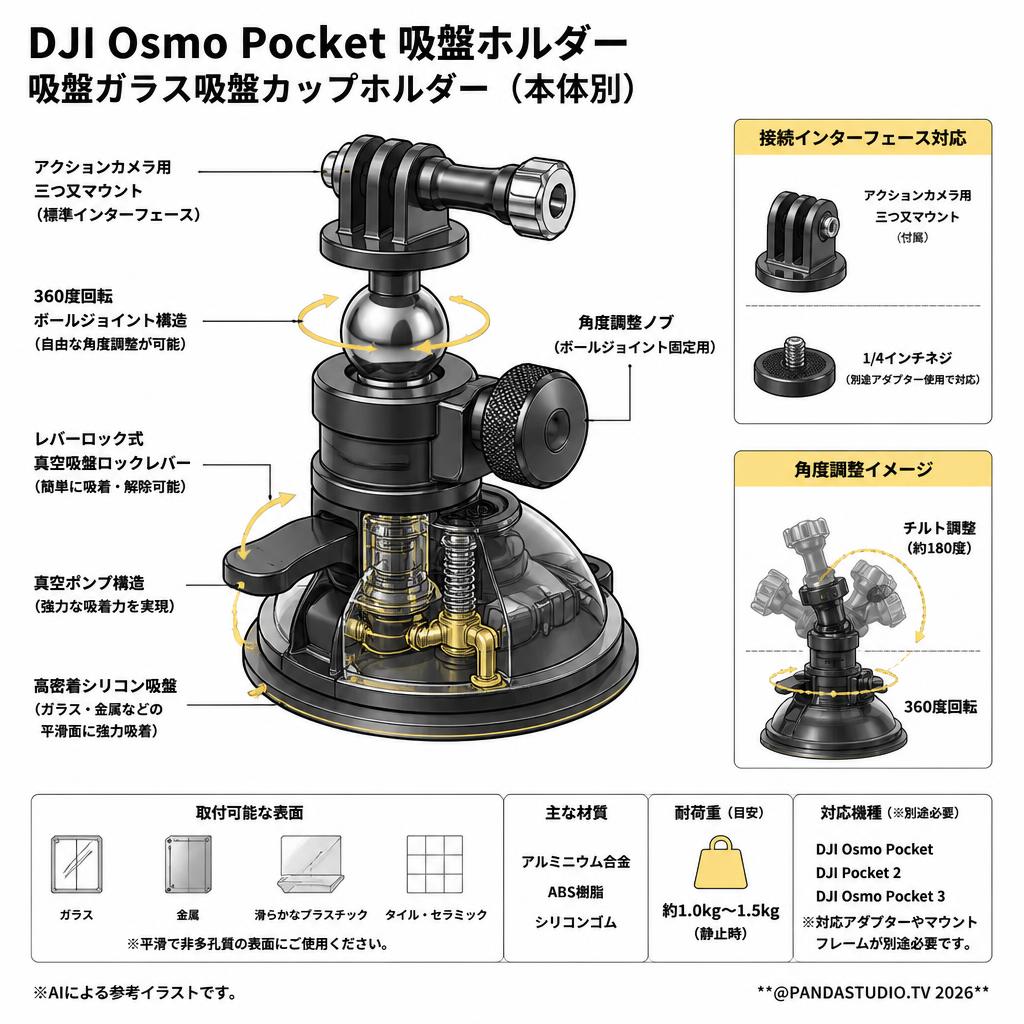 DJI Osmo Pocket 吸盤ホルダー 吸盤ガラス吸盤カップホルダー（本体別） スペック