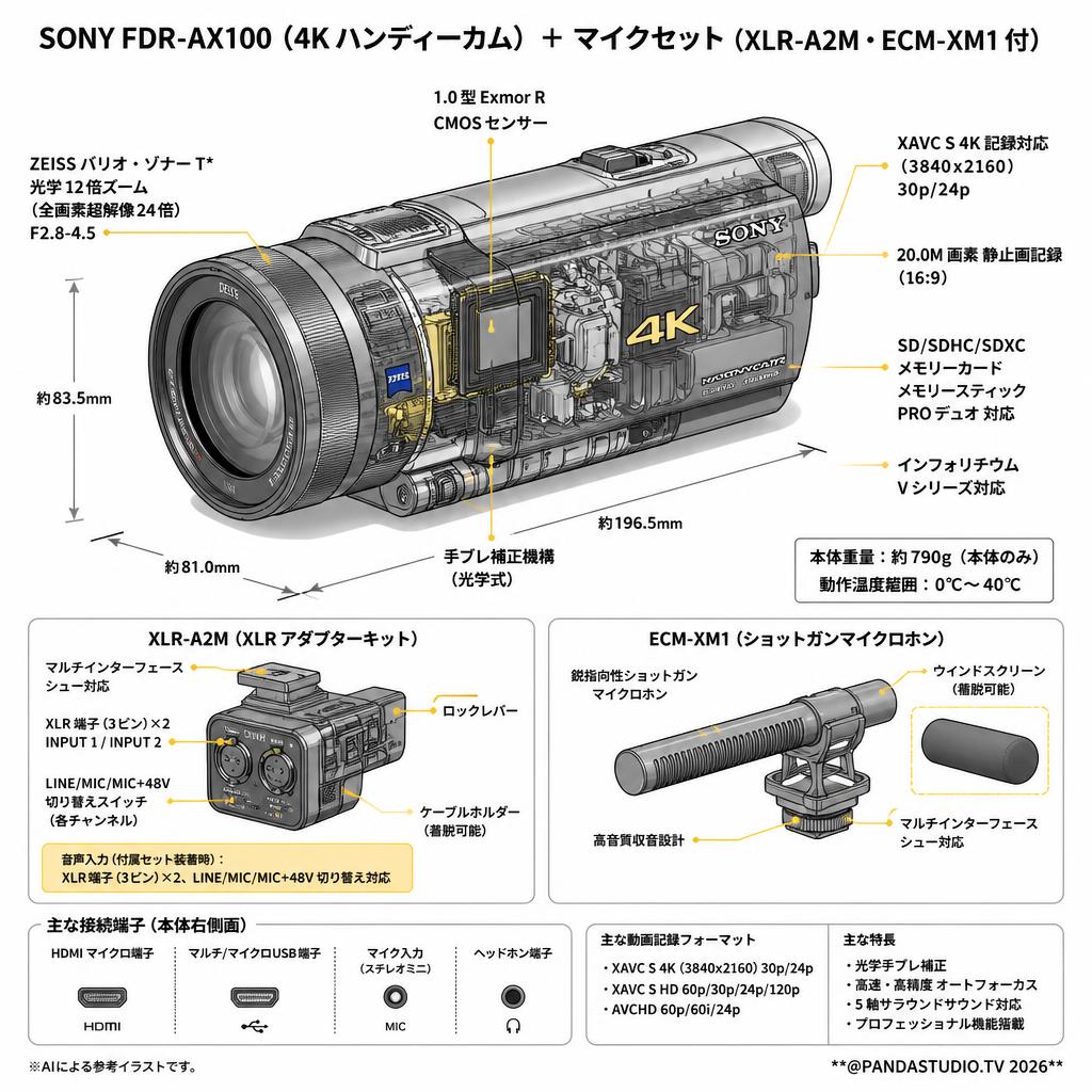 SONY FDR-AX100 (4K ハンディーカム) ＋ マイクセット（XLR-A2M・ECM-XM1 付） スペック