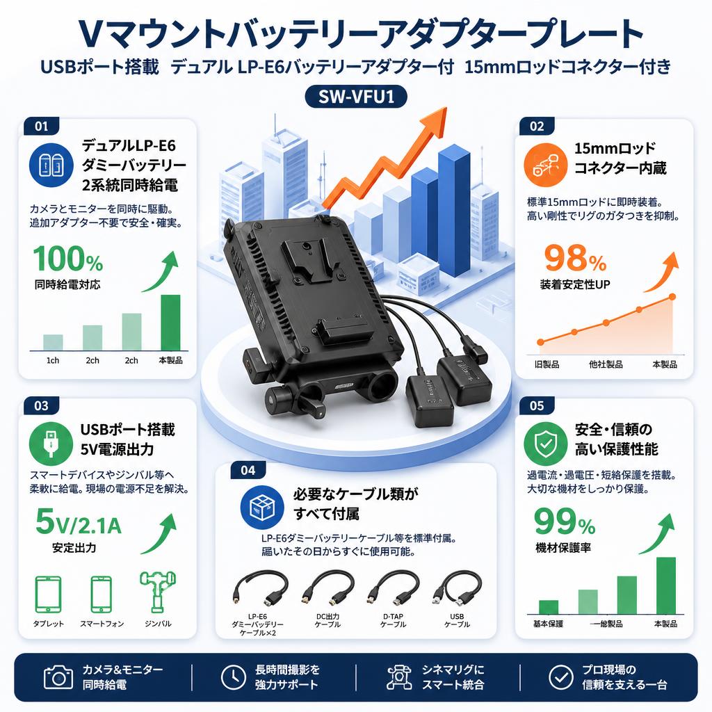 Vマウントバッテリーアダプタープレート USBポート搭載  デュアル LP-E6バッテリーアダプター付 15mmロッドコネクター付き(SW-VFU1) セールスポイント