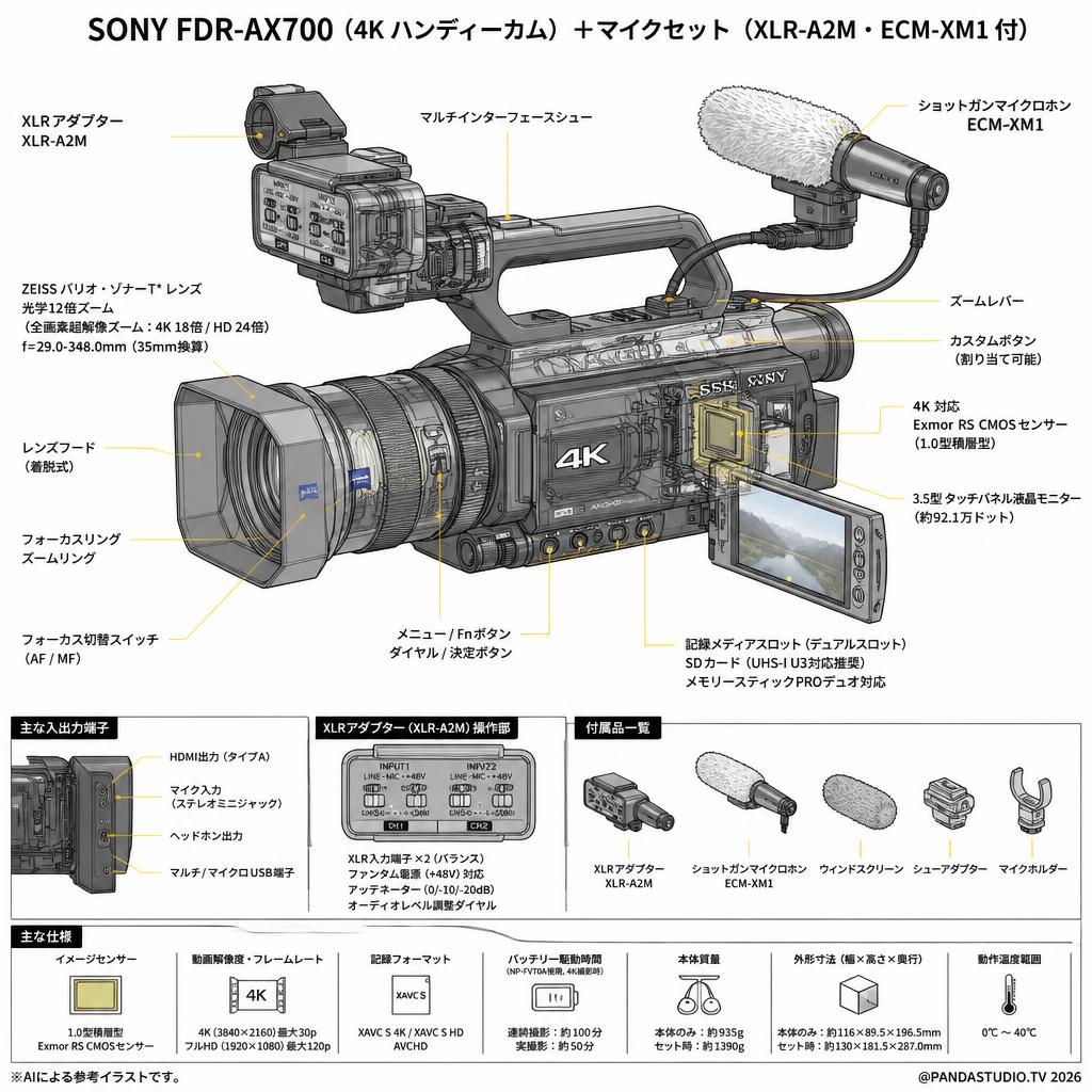 SONY  FDR-AX700  (4K ハンディーカム) ＋ マイクセット（XLR-A2M・ ECM-XM1 付） スペック