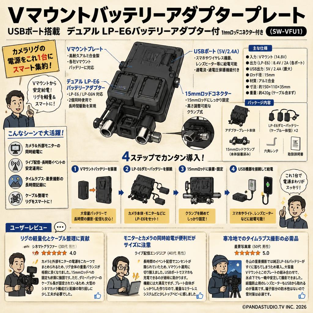 Vマウントバッテリーアダプタープレート USBポート搭載  デュアル LP-E6バッテリーアダプター付 15mmロッドコネクター付き(SW-VFU1) インターネット上のお客様の声（評判）