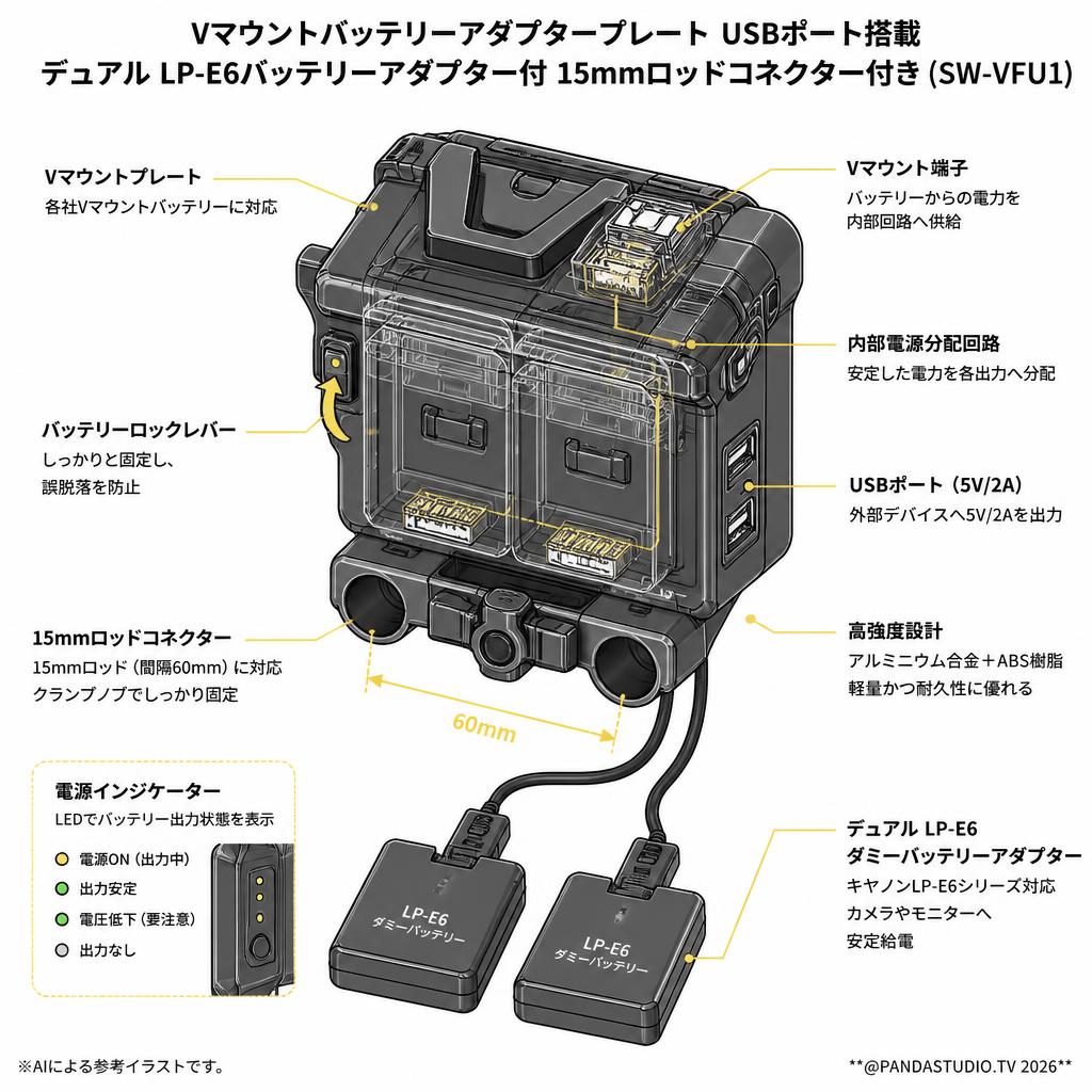 Vマウントバッテリーアダプタープレート USBポート搭載  デュアル LP-E6バッテリーアダプター付 15mmロッドコネクター付き(SW-VFU1) スペック