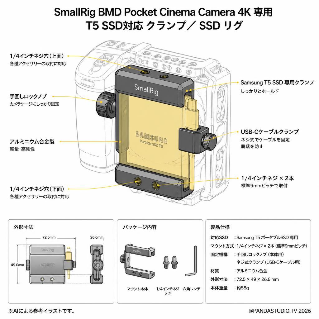 SmallRig BMD Pocket Cinema Camera 4K 専用 T5 SSD対応 クランプ／SSD リグ スペック