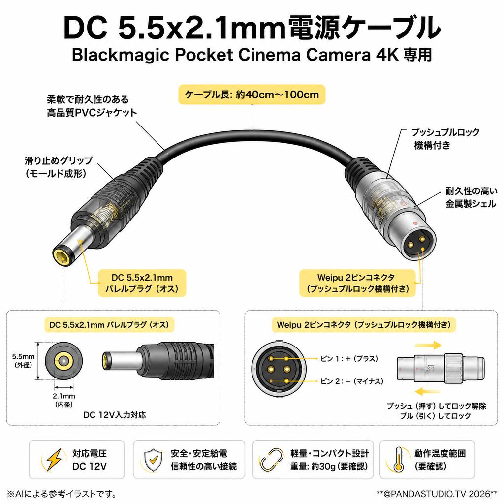 DC 5.5x2.1mm電源ケーブル Blackmagic Pocket Cinema Camera 4K 専用 スペック
