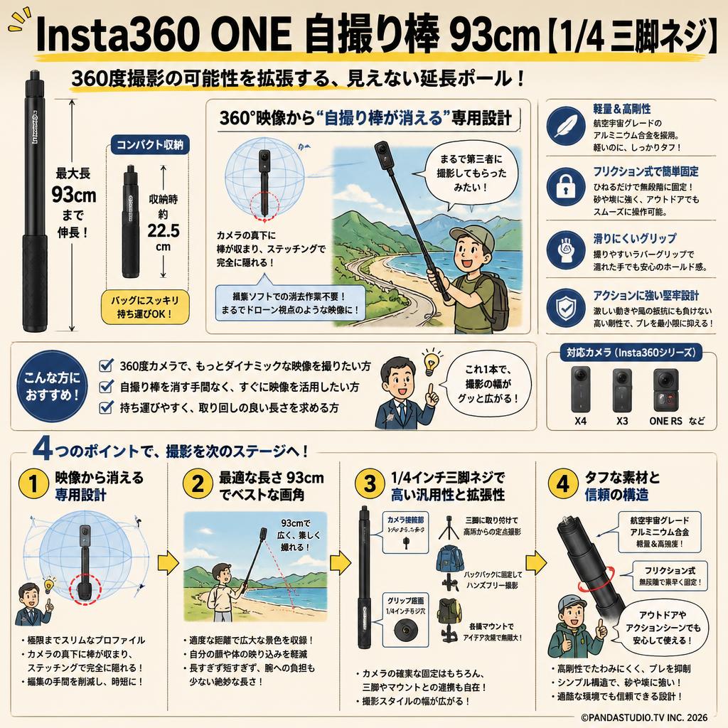 Insta360 ONE  自撮り棒 93cm【1/4 三脚ネジ】 概要