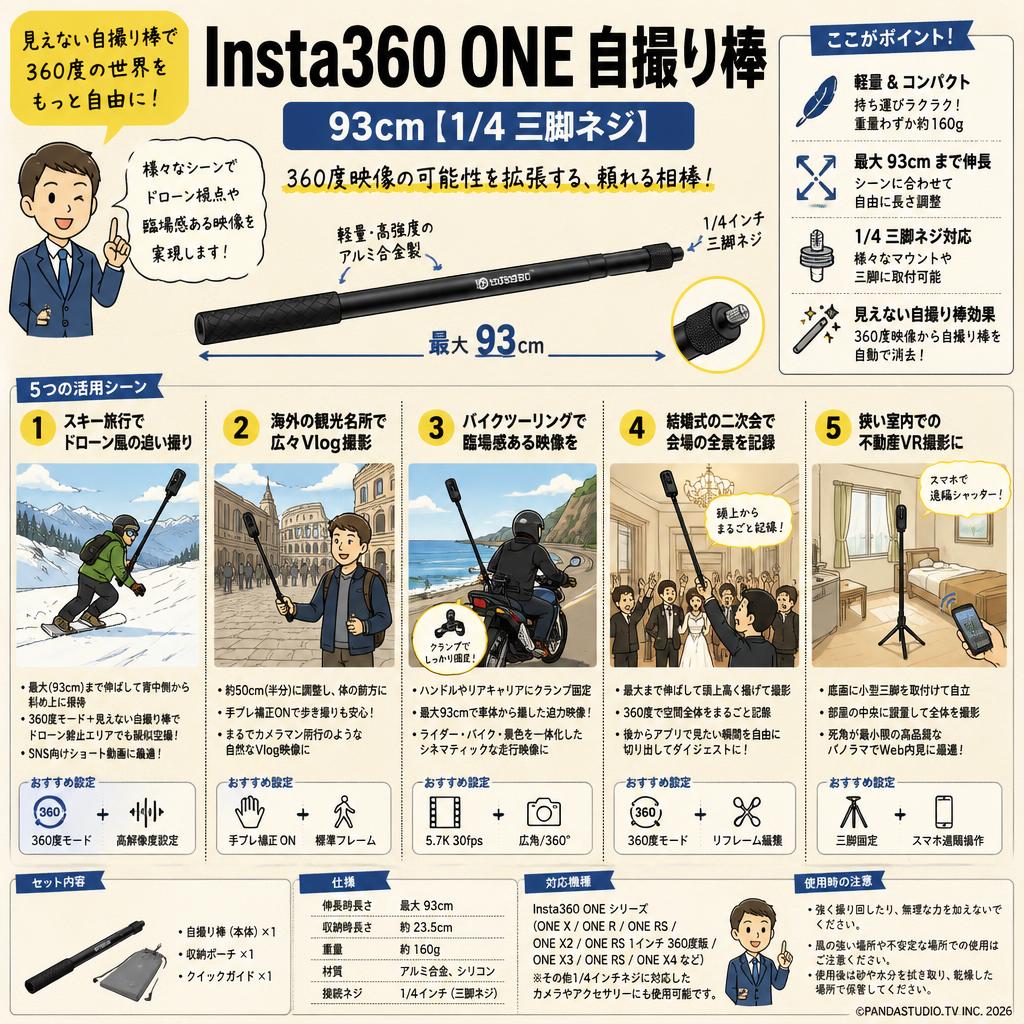 Insta360 ONE  自撮り棒 93cm【1/4 三脚ネジ】 用途