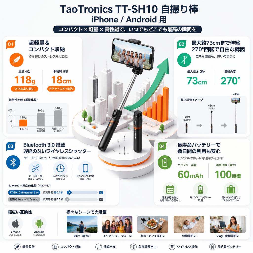 TaoTronics TT-SH10　 自撮り棒　 iPhone/Android用 セールスポイント