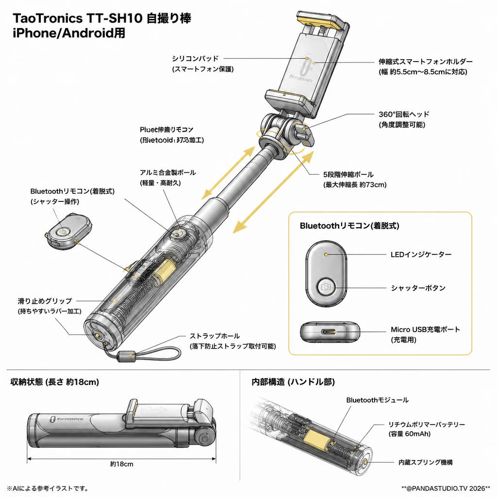 TaoTronics TT-SH10　 自撮り棒　 iPhone/Android用 スペック
